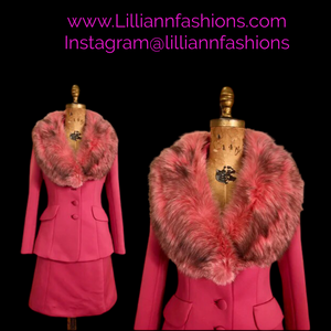 60’s Vintage Pink Lilli Ann Two Piece Skirt Suit with Pink Silver Fox Fur Collar