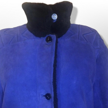 Load image into Gallery viewer, Blue Suede Shearling Coat Birger Christensen Made in Copenhagen Vtg 70s 80s Swing Coat A-Line Penny Lane Hippy