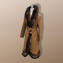 Load image into Gallery viewer, 70’s Caramel Leather Coat with Genuine Fur Trim Princess Fit and Flare Style