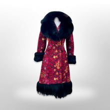 Load image into Gallery viewer, 60’s 70’s Rare Red Carpet Tapestry Coat Needlepoint Floral Exotic Design with Genuine Fox Fur and Goat Shearling Trim Jeweled Belt Small Petite