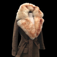 Load image into Gallery viewer, Tweed Plaid Wool Army Green Wrap Coat With Shearling Collar