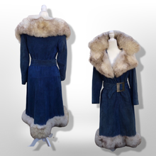 Load image into Gallery viewer, 1970’s Vintage Blue Suede and Fox Fur Belted Bohemian Boho Chic Princess Hippy Burning Man Coachella Festival Fall Winter Coat