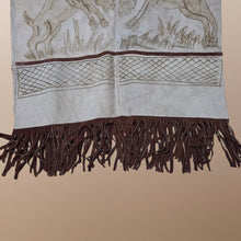 Load image into Gallery viewer, 70’s Suede Poncho Cape Equestrian Serape with Carved Two Bulls Fighting Scene Fringe Border One Size Fits All Cowboy Cowgirl Unisex Southwestern Mexican Native Boho One of A Kind
