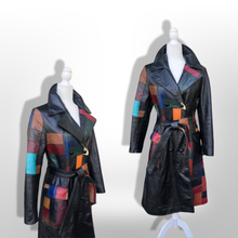 Load image into Gallery viewer, 70s Leather Coat l Black Patchwork Fit Flare Trench Spy Boho Studio 54 Mosaic boho chic One of a Kind