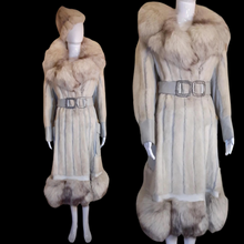 Load image into Gallery viewer, 70s Women&#39;s Vintage Coat and Hat- White Norwegian Silver Fur Lux Leather Mink Trench Hat Spy Belted Princess Coat Boho Chic