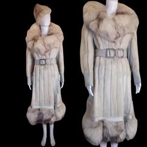 70s Women's Vintage Coat and Hat- White Norwegian Silver Fur Lux Leather Mink Trench Hat Spy Belted Princess Coat Boho Chic