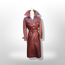 Load image into Gallery viewer, Vintage 70’s Leather Coat Trench Spy in Bergundy Oxblood Highly Detailed