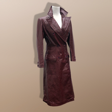 Load image into Gallery viewer, Vintage 70’s Leather Coat Trench Spy Collar Business Career Fitted Women’s Oxblood Maroon Bergundy