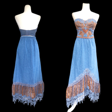 Load image into Gallery viewer, 80’s Vintage Three Piece Jean and Lace Skirt Bustier and Jacket Beaded and Embroidered Cowgirl Cowboy Beyoncé Style