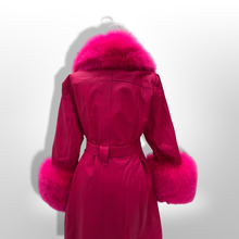 Load image into Gallery viewer, Vibrant Pink Leather and Fox Fur Trench Fit and Flare Pinup Coat