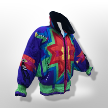 Load image into Gallery viewer, 80’s 90’s Neiman Marcus Genuine Down Puffer Coat in Rainbow Apres Ski “In Living Color” Pride Oversized Chubby Coat Rare Ski Winter Suede Fringr Native American Inspired Style