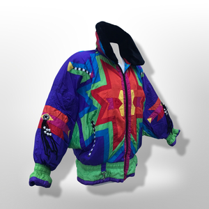 80’s 90’s Neiman Marcus Genuine Down Puffer Coat in Rainbow Apres Ski “In Living Color” Pride Oversized Chubby Coat Rare Ski Winter Suede Fringr Native American Inspired Style