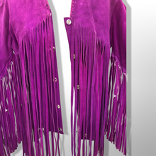 Load image into Gallery viewer, Authentic 70’s Magenta Purple Pink Suede Long Fringe Beaded Jacket Coat Boho Bohemian Hippy Chic