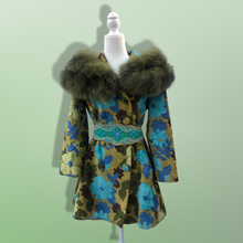 Load image into Gallery viewer, 60’s 70’s Tapestry Carpet Coat Blue Turquoise Green Beaded Belt Fur Fox Norwegian Collar
