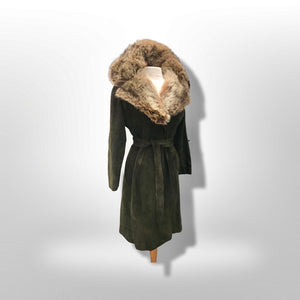 70’s Forest Green Suede Trench with Fur Trim Collar