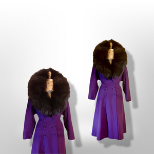Vintage Women's New Look 40s Purple Violet Princess Pinup Pinup Coat Full Skirted Massive Fox Fur Film Noir Golden Age Old Hollywood Glamour
