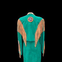 Load image into Gallery viewer, Women’s Western Turquoise Blue Suede Set Jacket and Skirt Genuine Suede and Hand Beaded SouthWestern Native Inspired Cowgirl