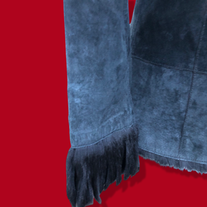 Vintage Black Suede Jacket Blazer Fitted with Tassle Fur Collar