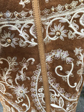 Load image into Gallery viewer, Boho Penny Lane Caramel Suede Sheepskin Curly Mongolian Lamb Intricate Embroidery Embroidered Coat Custom Made in France