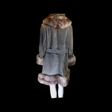 Load image into Gallery viewer, 70S Penny Lane Tuxedo Coat Hat Set Grey Suede Sheep Shearling Lamb Almost Famous Afghan Fall Winter 70s Coat Hippy Princess Russian S/M/L