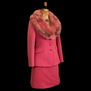 60’s Vintage Pink Lilli Ann Two Piece Skirt Suit with Pink Silver Fox Fur Collar