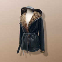 Load image into Gallery viewer, Black Leather Hooded Belted Faux Fur Leopard Pattern Lining Extra Cozy and Oversized