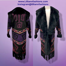 Load image into Gallery viewer, Purple Suede and Genuine Shearling Mosaic Coat with Fringe Western Aztec  Native Cowgirl Inspired Magenta Black and Gold