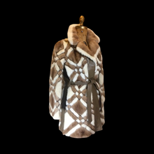 Load image into Gallery viewer, 60s Geometric Jessica Simpson Leather Coat --Mod Mosaic Mink White and Brown Patchwork ColorBlock Coat S/M