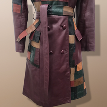 Load image into Gallery viewer, 70s Leather Coat l Maroon Patchwork Fit Flare Trench Spy Boho Studio 54 Mosaic boho chic One of a Kind