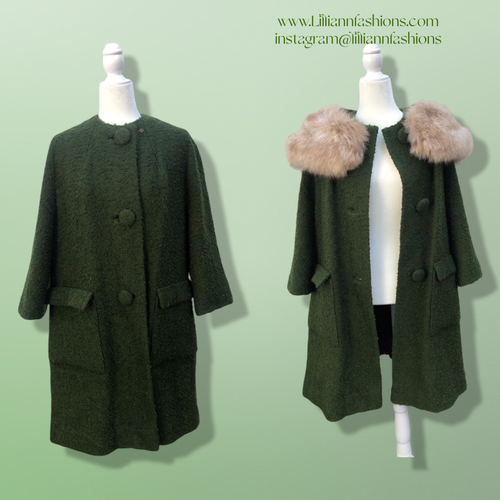 60’s Green Vintage Coat Wear Two Ways Removable Fox Fur Swing Coat Boucle Wool