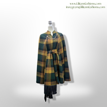 Load image into Gallery viewer, 60’s 70’s Vintage Green Yellow Wool Cape Poncho and Scarf Set Double Lion Chain One Size Fits All