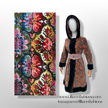 Load image into Gallery viewer, Vintage Hooded Tapestry Carpet Needlepoint Multi Color Rich Coat with Faux Fur Trim and Beaded Belt Boho Princess Boho Chic