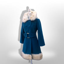 Load image into Gallery viewer, 60’s 70’s Velveteen Blue Coat Vegan Faux Fur Belted