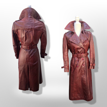 Load image into Gallery viewer, Vintage 70’s Leather Coat Trench Spy in Bergundy Oxblood Highly Detailed