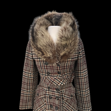 Load image into Gallery viewer, Vintage Tweed Plaid Coat with Fur Collar Fitted Flared Wool Petite