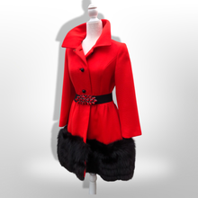 Load image into Gallery viewer, Women's Vintage Lilli Ann Coat- Lipstick Red Orange Bright 60's Mod Wool Thick Tiered Black Fox Fur Trim Fit Flare Princess Small Pinup