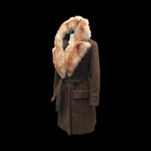 Load image into Gallery viewer, Tweed Plaid Wool Army Green Wrap Coat With Shearling Collar