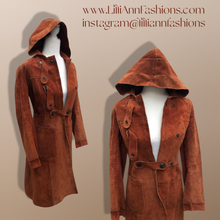 Load image into Gallery viewer, 70’s Vintage Suede Hooded Orange Rust Coat Small Petite Heavy Duty Snap Closure