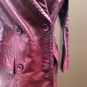 Vintage 70’s Leather Coat Trench Spy Collar Business Career Fitted Women’s Oxblood Maroon Bergundy