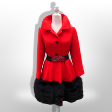 Load image into Gallery viewer, Women's Vintage Lilli Ann Coat- Lipstick Red Orange Bright 60's Mod Wool Thick Tiered Black Fox Fur Trim Fit Flare Princess Small Pinup
