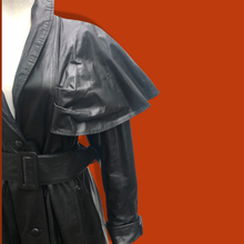 Load image into Gallery viewer, Vintage GLAM 80’s 90’s Rare Leather Long Cape Coat 38”Bust with Wide Belt Fitted and Flared Studio 54 Couture Super Model Runway The Matrix Goth SuperGlam