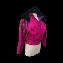 Load image into Gallery viewer, 80’s 90’s Hot Pink Hooded Ski Windbreaker Jacket Cropped Tapered Waist Southwestern Aztec Trim