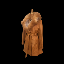 Load image into Gallery viewer, 70s Vintage Women&#39;s Coat Caramel Leather Huge Red Ombre Fox Fur Fit Flare Studio 54 Small to Large