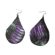 Load image into Gallery viewer, Genuine Snakeskin Leather Earrings Raindrop Elaphe Carinata Snake Purple IRIDESCENT