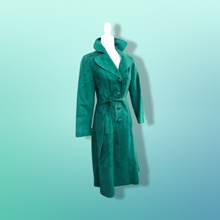 Load image into Gallery viewer, Emerald Green Suede 70’s Coat Rounded Collar Studio 54 Trench Spy Coat