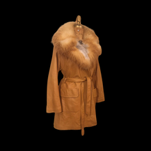 Load image into Gallery viewer, 70s Vintage Women&#39;s Coat Caramel Leather Huge Red Ombre Fox Fur Fit Flare Studio 54 Small to Large