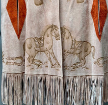 Load image into Gallery viewer, 70’s Suede Poncho Cape with Carved Horse Scene Mint Condition Fringe Border One Size Fits All