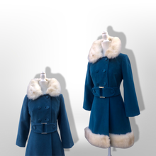 Load image into Gallery viewer, 60’s 70’s Velveteen Blue Coat Vegan Faux Fur Belted
