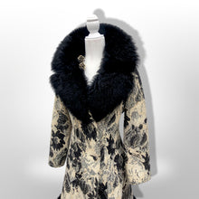 Load image into Gallery viewer, 70’s Tapestry Carpet Floral Black and White Coat with Black Shearling Trim Penny Lane Boho Hippy Chic