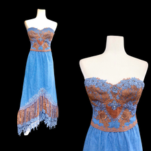 Load image into Gallery viewer, 80’s Vintage Three Piece Jean and Lace Skirt Bustier and Jacket Beaded and Embroidered Cowgirl Cowboy Beyoncé Style